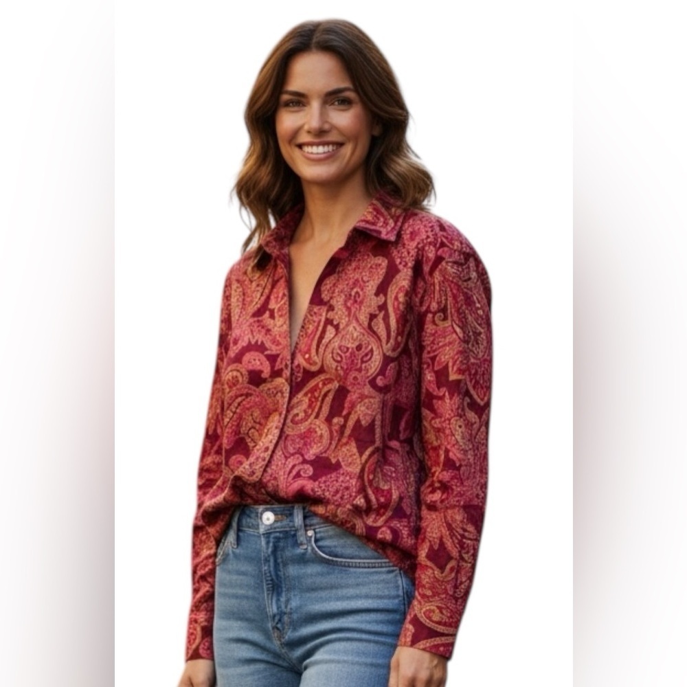 Jones New York Red and Pink Paisley Button Down Shirt